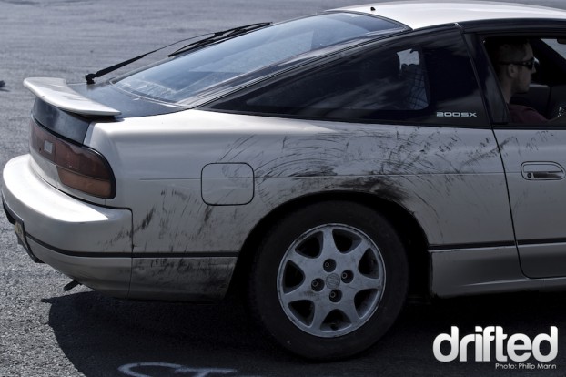 Tyre pop aftermath on a nissan S13 at Santa Pod DWYB 