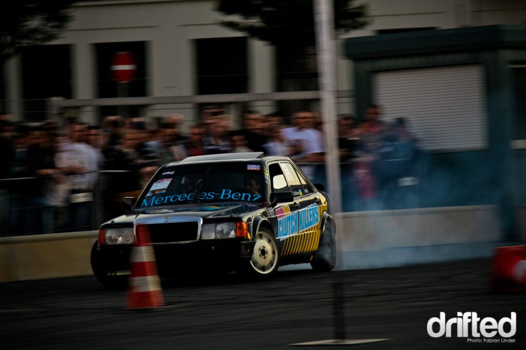 EVENT: XS Carnight Drift Demo - Image Mark did the start in his Mercedes 190E