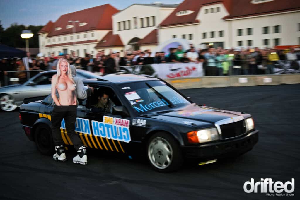 EVENT: XS Carnight Drift Demo - Image Ronny did get some good laughs with this paper womanon his back