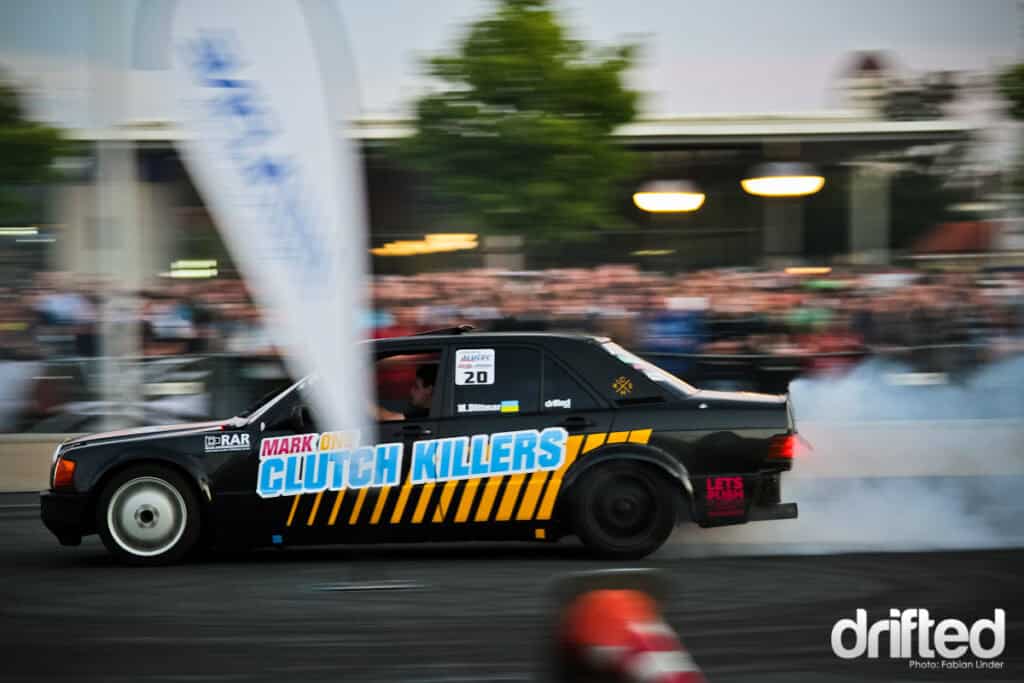 EVENT: XS Carnight Drift Demo - Image Another highlight was a watermelon on a rope, which Mark smashed with the side of his Mercedes