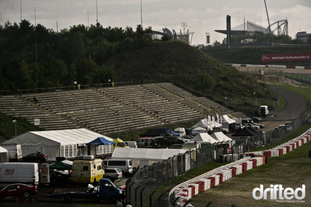 The Pitlane, in the background the Grand-prix course of the Nürburgring