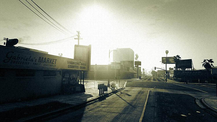 black white street scene gta v