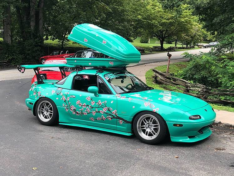 cool blue miata enkei wheels minty roof box